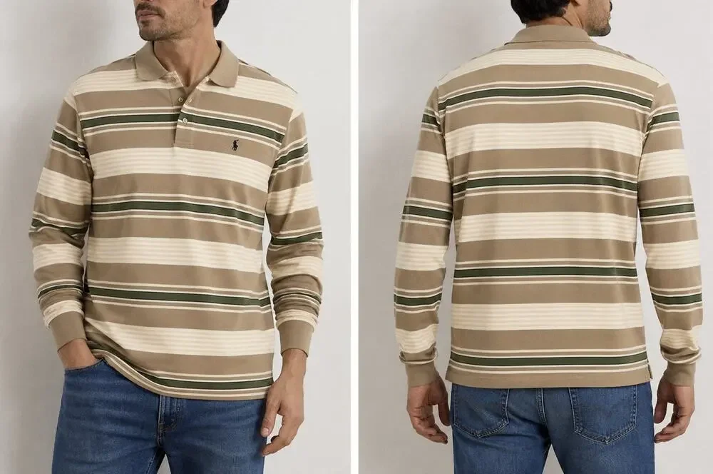 Polo Ralph Lauren Rugby Shirt XL Beige Green Striped Long Sleeve NWT